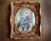Vintage Chalkware Religious Art, Illuminated Framed Ave Maria, Lima Novelties 16.5 quot tall, Painted Chalkware Plaster with Glass Dome Cover