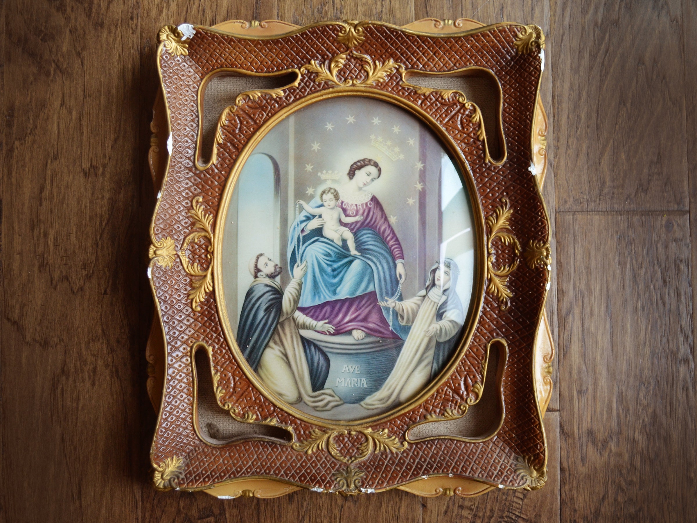 Vintage Chalkware Religious Art, Illuminated Framed Ave Vintage Chalkware Religious Art, Illuminated Framed Ave