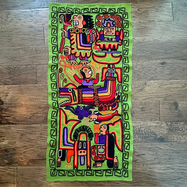 Vintage green Guatemalan tribal embroidered tapestry, entirely hand made, 46" long, South American Textiles