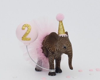 Elephant Cake Topper, Animal with Party Hat & Balloon, Pink and Gold, Birthday Cake or Baby Shower Decoration, Safari or Jungle Decor