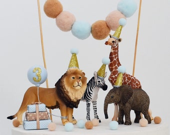 Décoration de gâteau animal Safari bleu et or Lion, girafe, zèbre avec chapeaux de fête pour gâteau d'anniversaire, fête prénatale, thème jungle, bébé garçon 1er premier
