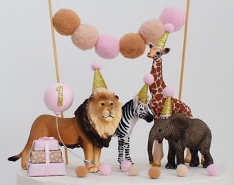 Pink and Gold Safari Animal Cake Topper Lion, Giraffe, Elephant with Party Hat & Balloon for Birthday Cake, Baby Shower, Jungle theme