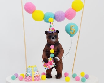 Rainbow Bear Cake Topper with Party Hat Present & Balloon for Birthday Party Cake Decoration