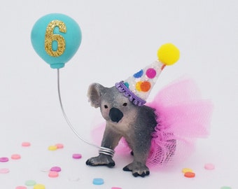 Rainbow Koala Cake Topper with Party Hat Tutu and Balloon, Australian Animal Birthday Party Cake Decoration