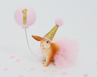 Rabbit Cake Topper with Gold Party Hat, Pink Tutu & Balloon, Bunny theme Birthday Party or Baby Shower Cake Decoration