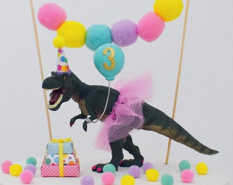 Rainbow Girl Dinosaur Cake Topper with Party Hat and Tutu, T-Rex Birthday Party Cake Decoration, Tyrannosaurus Rex Ballerina Dino