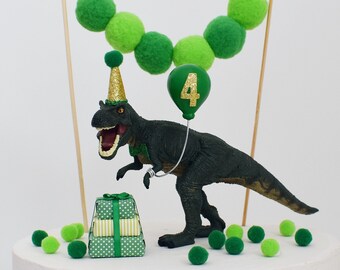 T Rex Dinosaur Cake Topper with Party Hat, Green & Gold, Tyrannosaurus T-Rex Birthday Cake Party Decoration, Dino Jungle Decor