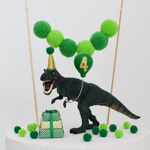 T Rex Dinosaur Cake Topper with Party Hat, Green & Gold, Tyrannosaurus T-Rex Birthday Cake Party Decoration, Dino Jungle Decor