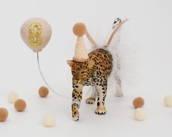 Leopard Cake Topper Neutral / Boho / Natural with Party Hat, Tutu & Balloon, Safari or Jungle theme Milestone Birthday Cake Decoration