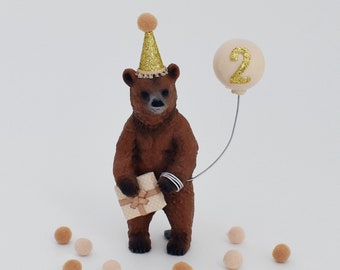 Bear Cake Topper, Neutral Boho Earth tones, with Party Hat Present & Balloon, Birthday Party Cake Decoration or Baby Shower