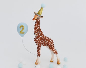 Topper de gâteau de girafe bleue, animal de fête avec chapeau de fête et ballon, gâteau d'anniversaire de safari ou de jungle, douche de bébé de garçon de bébé