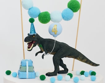 Décoration de gâteau dinosaure T-Rex avec chapeau de fête, bleu et vert, décoration de gâteau d'anniversaire tyrannosaure rex, décoration dinosaure