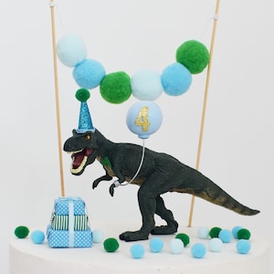 T-Rex Dinosaur Cake Topper with Party Hat, Blue & Green, Tyrannosaurus Rex Birthday Cake Party Decoration, Dino Decor