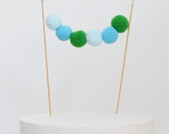 Pom Pom Garland Cake Topper in Blue and Green, Cake Bunting for Birthday Cake Decoration