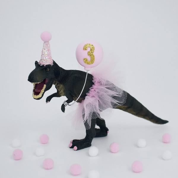 Pink T Rex Dinosaur Cake Topper with Party Hat, Tutu & Balloon, Girl Tyrannosaurus T-Rex Birthday Cake Party Decoration, Dino Jungle Decor