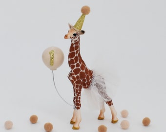 Décoration de gâteau girafe, animal de fête avec chapeau de fête doré, tutu neutre/naturel/boho et ballon, gâteau d'anniversaire safari ou jungle, baby shower