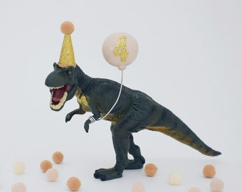 Dinosaure T-Rex Cake Topper avec chapeau de fête et ballon, neutre, naturel, beige, tons de terre, décoration de fête de gâteau d’anniversaire Tyrannosaurus Rex