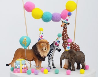 Rainbow Safari Animal Cake Toppers, Lion, Zebra, Giraffe, Elephant with Party Hats and Balloon for Birthday Cake, Jungle or Circus theme