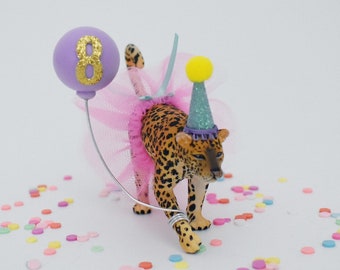 Rainbow Leopard Cake Topper with Party Hat, Pink Tutu & Balloon, Safari or Jungle theme Birthday Party Cake Decoration