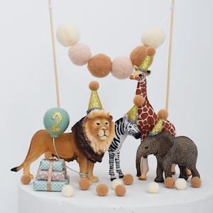 Sage & Gold Safari Jungle Party Animal Cake Topper, Lion, Zebra, Giraffe, Elephant with Party Hat and Balloon, Birthday Cake Decoration