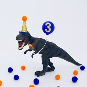 T-Rex Dinosaur Cake Topper with Party Hat, Blue Orange and Gold Glitter, Tyrannosaurus Rex Birthday Cake Party Decoration, Dino Decor