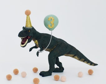 Dinosaur T-Rex Cake Topper with Party Hat & Balloon, Sage and Gold, Tyrannosaurus Rex Birthday Cake Party Decoration and Keepsake