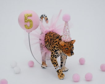 Décoration de gâteau léopard rose avec chapeau de fête, tutu rose et ballon, décoration de gâteau de fête d'anniversaire thème safari / jungle / sauvage