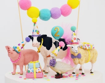 Rainbow Farm Animal Cake Toppers Cow Sheep Pig Duck with Party Hat Tutu and Balloon for Birthday Cake or Baby Shower