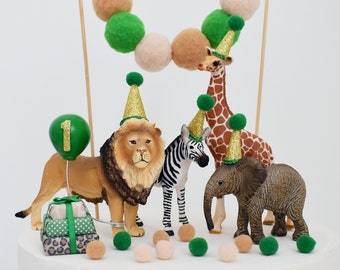 Safari Animal Cake Topper Green & Gold, Lion, Zebra, Giraffe, Elephant with Party Hat and Balloon for Birthday Cake, Jungle or Safari theme