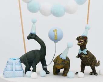 Baby Dinosaur Cake Toppers with Party Hats & Balloon, Set of 3, Birthday Cake Party Decoration, Dino Decor