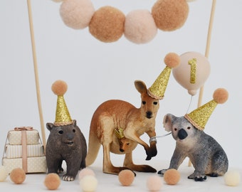 Décoration de gâteau koala, kangourou, wombat, tons neutres/naturels/terre, décoration de fête d'anniversaire sur le thème des animaux indigènes d'Australie, baby shower