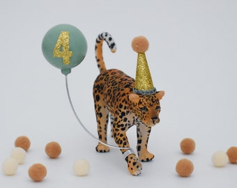 Leopard Cake Topper, Sage Green & Gold with Party Hat and Balloon, Safari or Jungle theme Birthday Party Cake Decoration, Wild One