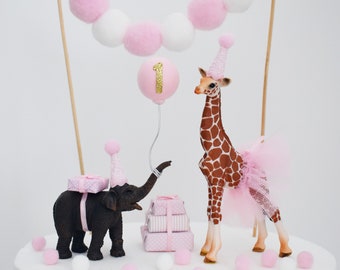 Pink Elephant and Giraffe Animal Cake Topper with Party Hat Tutu & Balloon for Birthday Cake, Safari or Jungle theme, First Birthday