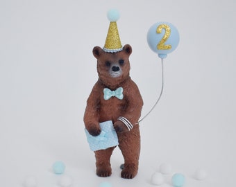 Bear Cake Topper with Party Hat, Present & Balloon, Blue and Gold, for Boy Birthday Party Cake Decoration or Baby Shower