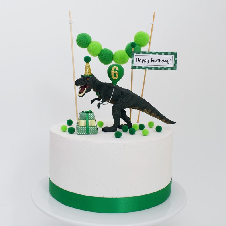 Décoration de gâteau dinosaure T Rex avec chapeau de fête, vert et or, décoration de gâteau d'anniversaire tyrannosaure T-Rex, décoration dinosaure jungle image 8