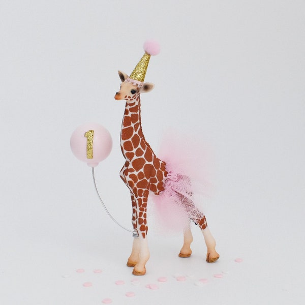 Giraffe Cake Topper, Party Animal with Gold Party Hat, Pink Tutu and Balloon, Safari or Jungle Birthday Cake, Baby Shower Decoration