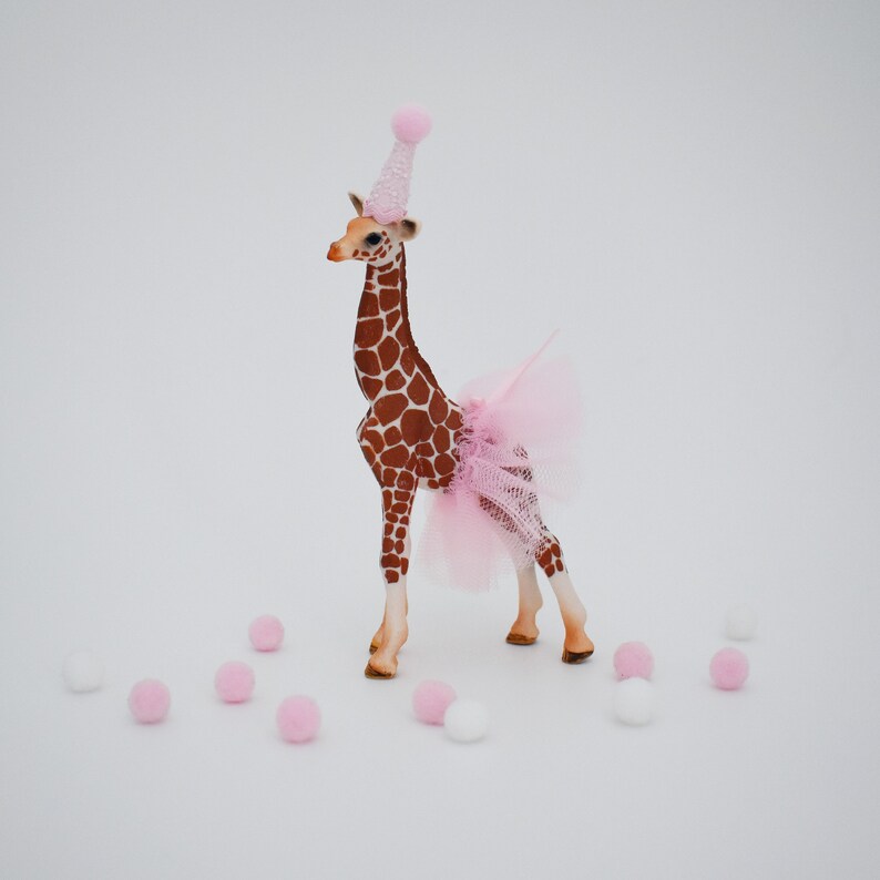 Pink Elephant and Giraffe Animal Cake Topper with Party Hat Tutu & Balloon for Birthday Cake, Safari or Jungle theme, First Birthday Giraffe