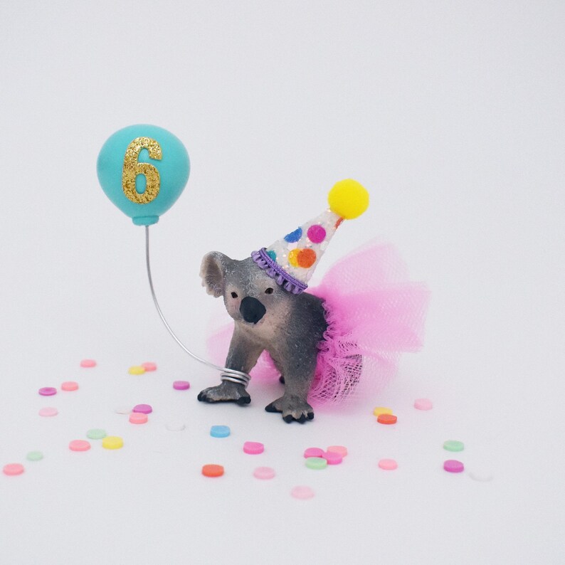 Rainbow Koala Cake Topper with Party Hat Tutu and Balloon, Australian Animal Birthday Party Cake Decoration Bild 1