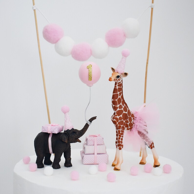 Pink Elephant and Giraffe Animal Cake Topper with Party Hat Tutu & Balloon for Birthday Cake, Safari or Jungle theme, First Birthday image 1