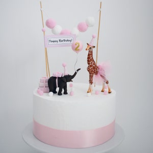 Pink Elephant and Giraffe Animal Cake Topper with Party Hat Tutu & Balloon for Birthday Cake, Safari or Jungle theme, First Birthday image 10