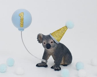 Koala Cake Topper with Party Hat and Balloon. Blue & Gold Boy Birthday Party Cake Decoration, First 1st Birthday