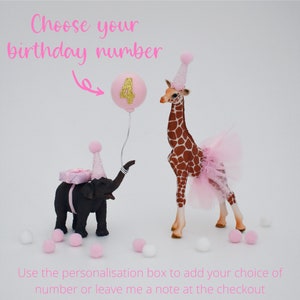 Pink Elephant and Giraffe Animal Cake Topper with Party Hat Tutu & Balloon for Birthday Cake, Safari or Jungle theme, First Birthday Giraffe & Elephant