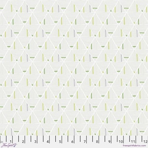 May include: A white fabric with a repeating pattern of green, yellow, and purple triangles. The triangles are made up of thin, horizontal lines.