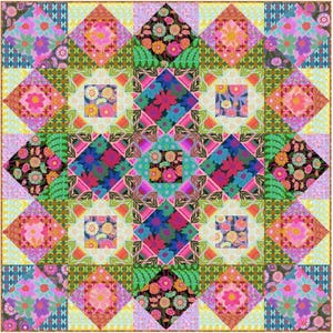 May include: A colorful quilt with a repeating floral pattern. The quilt features a central square surrounded by diamond-shaped blocks, each with a unique floral design in shades of pink, blue, green, and orange. The quilt is bordered with a gold trim.