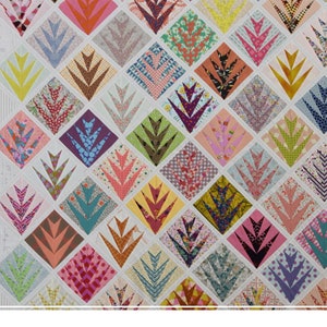 Op de afbeelding: Een kleurrijk patchworkpatroon met een herhalend ruitpatroon. Elke ruit heeft een bladmotief in verschillende kleuren, waaronder roze, oranje, groen en paars. Het patroon is getiteld "DOUBLE DATE PATTERN BY: JEN KINGWELL."