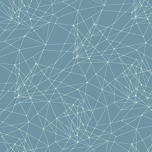 Könnte beinhalten: Abstraktes geometrisches Muster mit blauem Hintergrund und einem weißen Netzwerk aus Linien und Punkten.