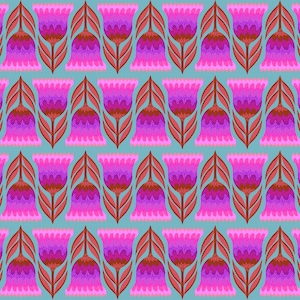 May include: A seamless pattern featuring stylized pink and purple flowers with red stems and leaves on a light blue background.