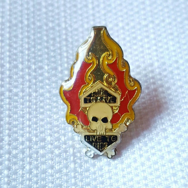 Vintage Early 80s Ride to Live / Live to Ride Enamel Flame Skull Biker Motorcycle Pin