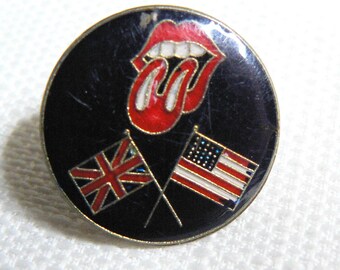 Vintage Late 70s Rolling Stones Tongue - Union Jack and American Flag Black Enamel Background - Pin / Button / Badge
