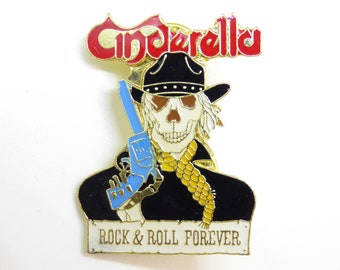 Vintage Deadstock - Never Worn - 80s Cinderella - (1988) Rock and Roll Forever - Western Outlaw Skeleton - Enamel Pin / Button / Badge